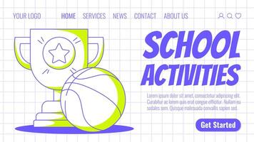 colegio deporte actividades, copa con baloncesto. espalda a escuela, educación, aprendizaje concepto. moderno modelo para web, bandera, póster, aterrizaje página, sitio web. a cuadros antecedentes vector