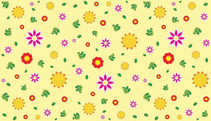 Illustration pattern, Repeating of abstract multicolor flower with leaf on soft yellow background.