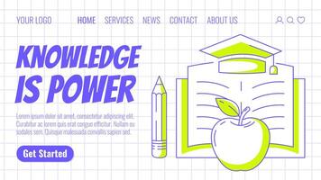 Open book with academic cap, green apple, pencil. Knowledge is power, back to school, education, learning concept. Template for banner, poster, landing page, website. Checkered background vector