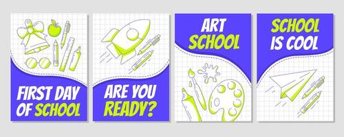 Set of back to school poster, modern minimalist design with school supplies. Art stationery, globe, rocket, paper airplane, bell. Education, learning concept. For banner, cover, flyer. A4 vector