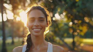 Portrait of a woman running in the park in the morning photo