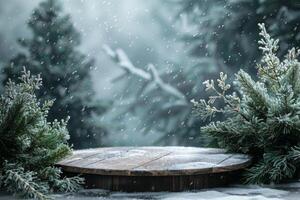 Winter landscape with a podium in the shape of a tree trunk, winter background photo