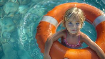 pequeño niña sentado en un boya salvavidas en un piscina, parte superior ver tropical antecedentes foto