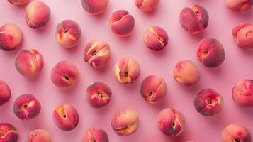 Peaches on pastel background top view photo