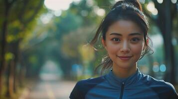 Portrait of a woman running in the park in the morning photo