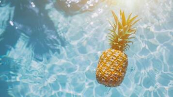 A pineapple floating on the water of a pool top view photo