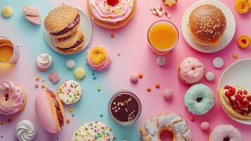 Variety junk food products on the top view background photo