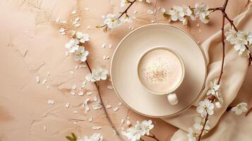 capuchino taza con blanco rama de Cereza flores en el mesa foto