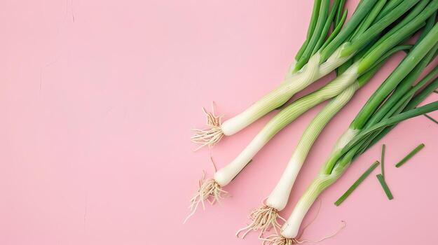 Green onion vegetable top view on the pastel background photo