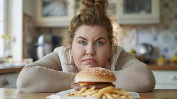 A fat woman sits upset in front of the table full of unhealthy products photo
