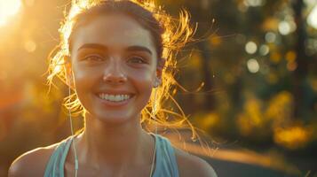 Portrait of a woman running in the park in the morning photo