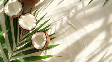 Coconuts and tropical palm leaves, overlay shadow. Summer top view photo