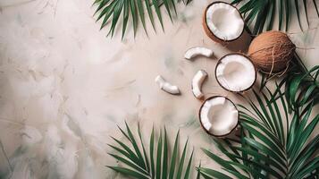 Coconuts and tropical palm leaves, overlay shadow. Summer top view photo