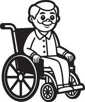 Old Man in Wheelchair - Black and White Cartoon Illustration, vector