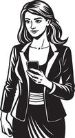 a woman is holding a phone and looking at her phone. vector