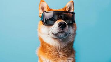 Akita Inu dog with 3d VR glasses on the isolated background photo