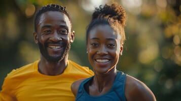 Portrait of a young couple running in the park in the morning photo