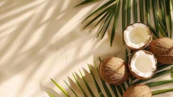 Coconuts and tropical palm leaves, overlay shadow. Summer top view photo