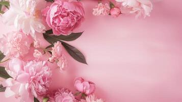 Beautiful peonies on pastel background top view photo