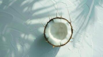 Coconut fruit top view on the pastel background photo