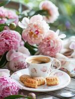 café, peonías y postre en un jardín foto