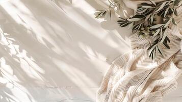Branches with olives background, Boho composition top view photo
