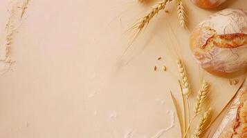 Top view background with a variety of bakery products and bread photo