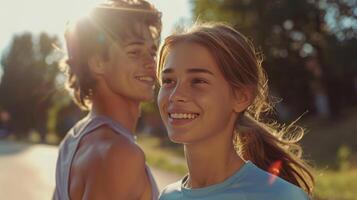 Portrait of a young couple running in the park in the morning photo