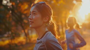 Portrait of a young couple running in the park in the morning photo