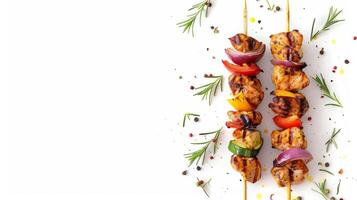 Grilled skewer with vegetables, summer food background, top view photo