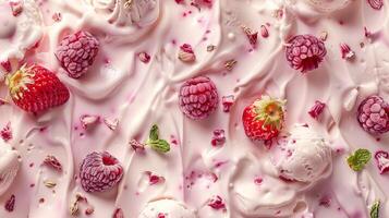 Yogurt ice cream with fruits, creme texture, top view photo