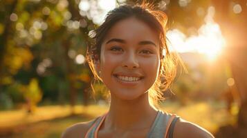 Portrait of a woman running in the park in the morning photo