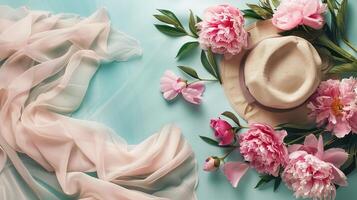 Linen tablecloth with pink peonies flowers, hat. Top view, flat lay photo