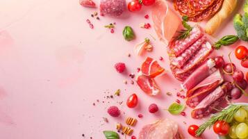Top view isolated background with a variety of meat and sausage products photo