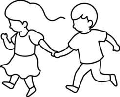 un chico y niña corriendo juntos colorante página vector