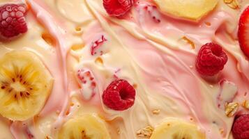 Yogurt ice cream with fruits, creme texture, top view photo