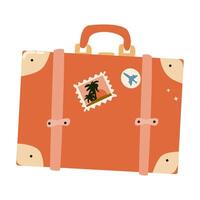 Summer vacation element of cartoon suitcase with sticker or abstract pattern and drink vector