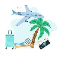 Summer vacation plane and journey elements on blue background vector