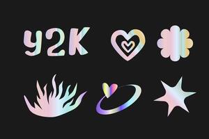 y2k elements set with gradient, hologram stickers in futuristic retro style vector