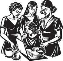 a black and white drawing of women working in laptop vector