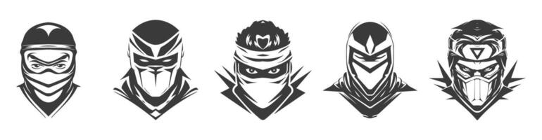 ninja cabeza negro logo tipo diseño conjunto vector