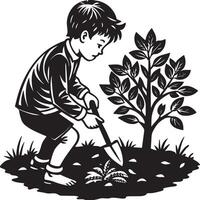 niño plantando un árbol aislado en blanco antecedentes vector