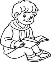 child reading a book black and white illustration vector