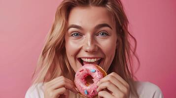 un mujer es comiendo un rosquilla foto