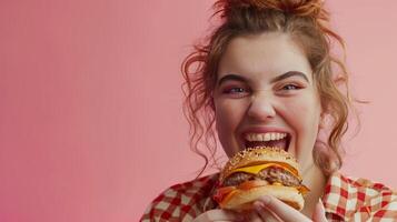 un mujer come un hamburguesa, insalubre alimento, aislado antecedentes foto