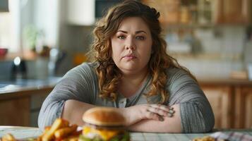 A fat woman sits upset in front of the table full of unhealthy products photo