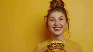 un mujer come un hamburguesa, insalubre alimento, aislado antecedentes foto