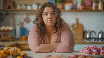 A fat woman sits upset in front of the table full of unhealthy products photo