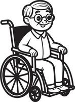 Old Man in Wheelchair - Black and White Cartoon Illustration, vector