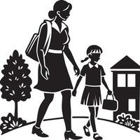 a black and white picture of a mother and her daughter. walking vector